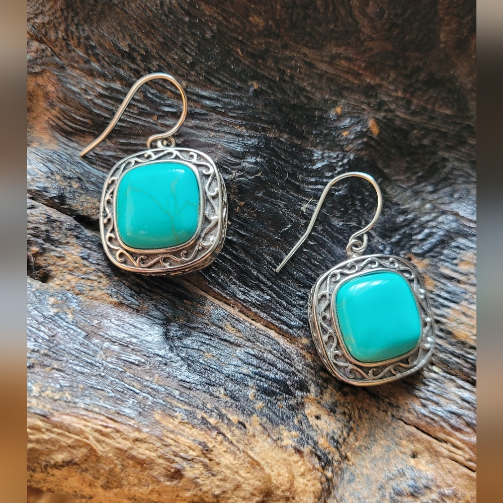 Square Shaped Turquoise and Silver Toned Earrings